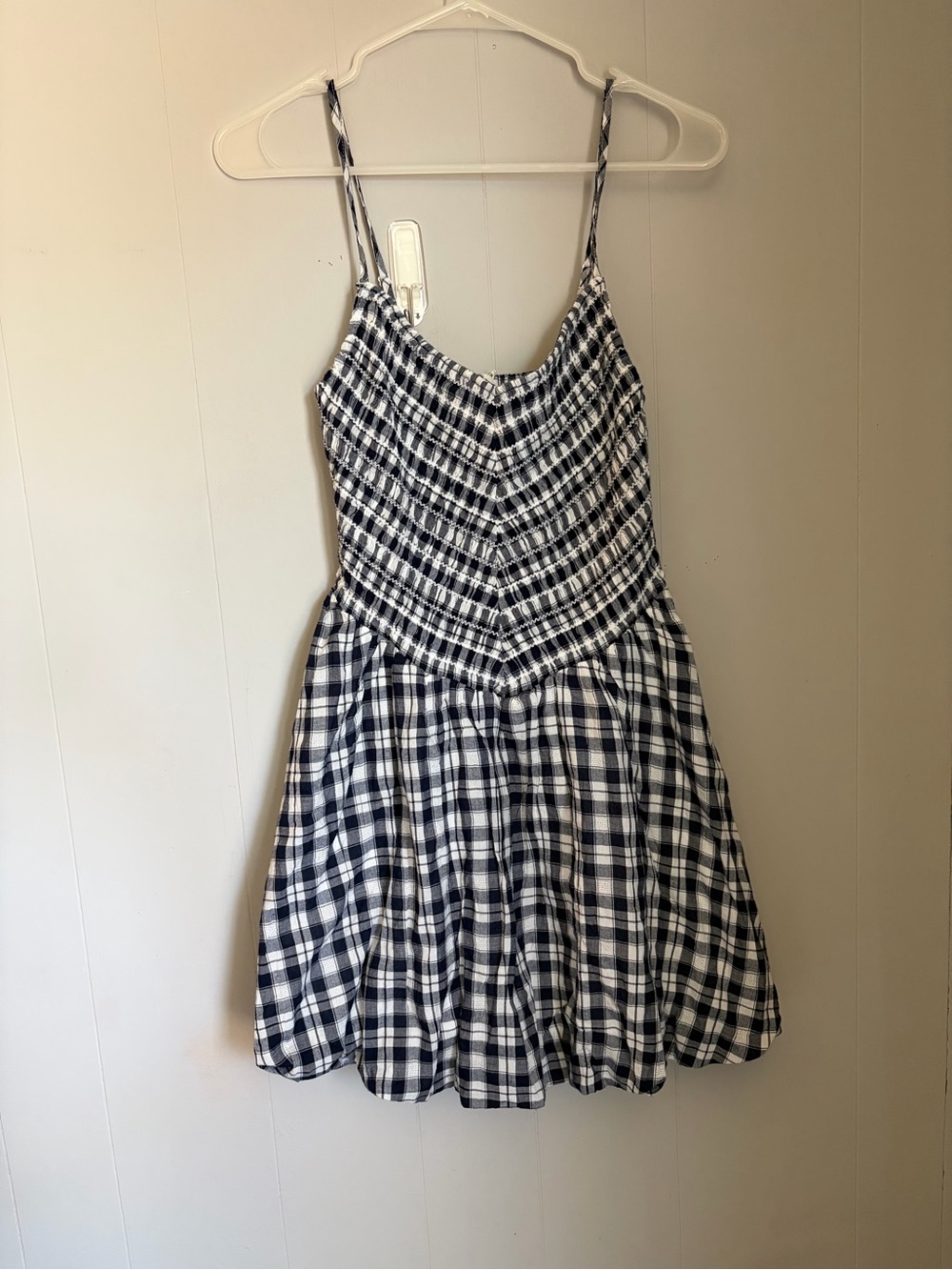 American Eagle Outfitters Navy and White Plaid Smocked Mini Dress